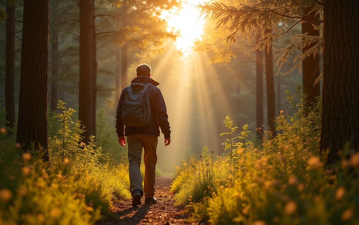 夕方の森の中をハイキングする男性